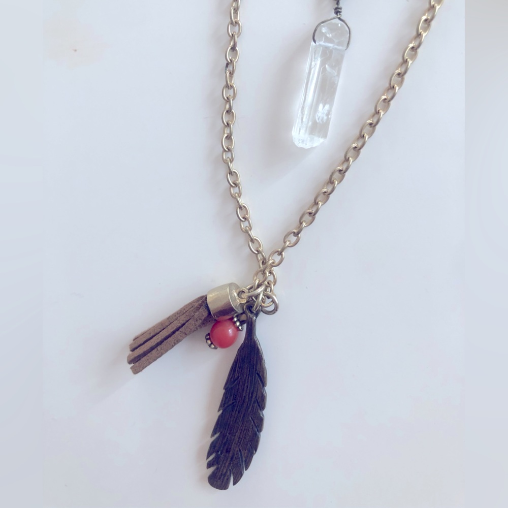 Vintage Aeropostale Double Strand Necklace - Crystal w Leather & Metal Feather